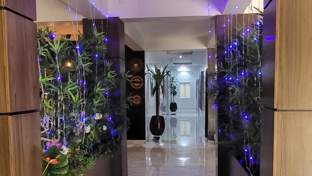 A hallway with wooden paneling, blue decorative lights, and potted plants. - Melbrooke Park Hotel (Lekki)