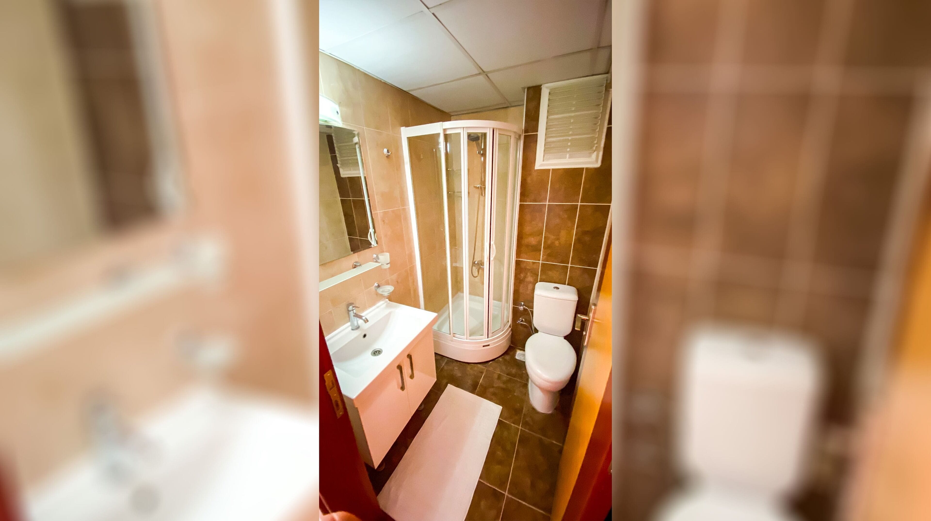 Une salle de bain équipée d’une douche, de toilettes, d’un lavabo et d’un miroir.