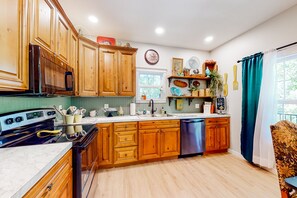 Fridge, microwave, oven, stovetop - New Orleans-themed getaway with a full kitchen, washer/dryer, & AC (Eureka Springs)