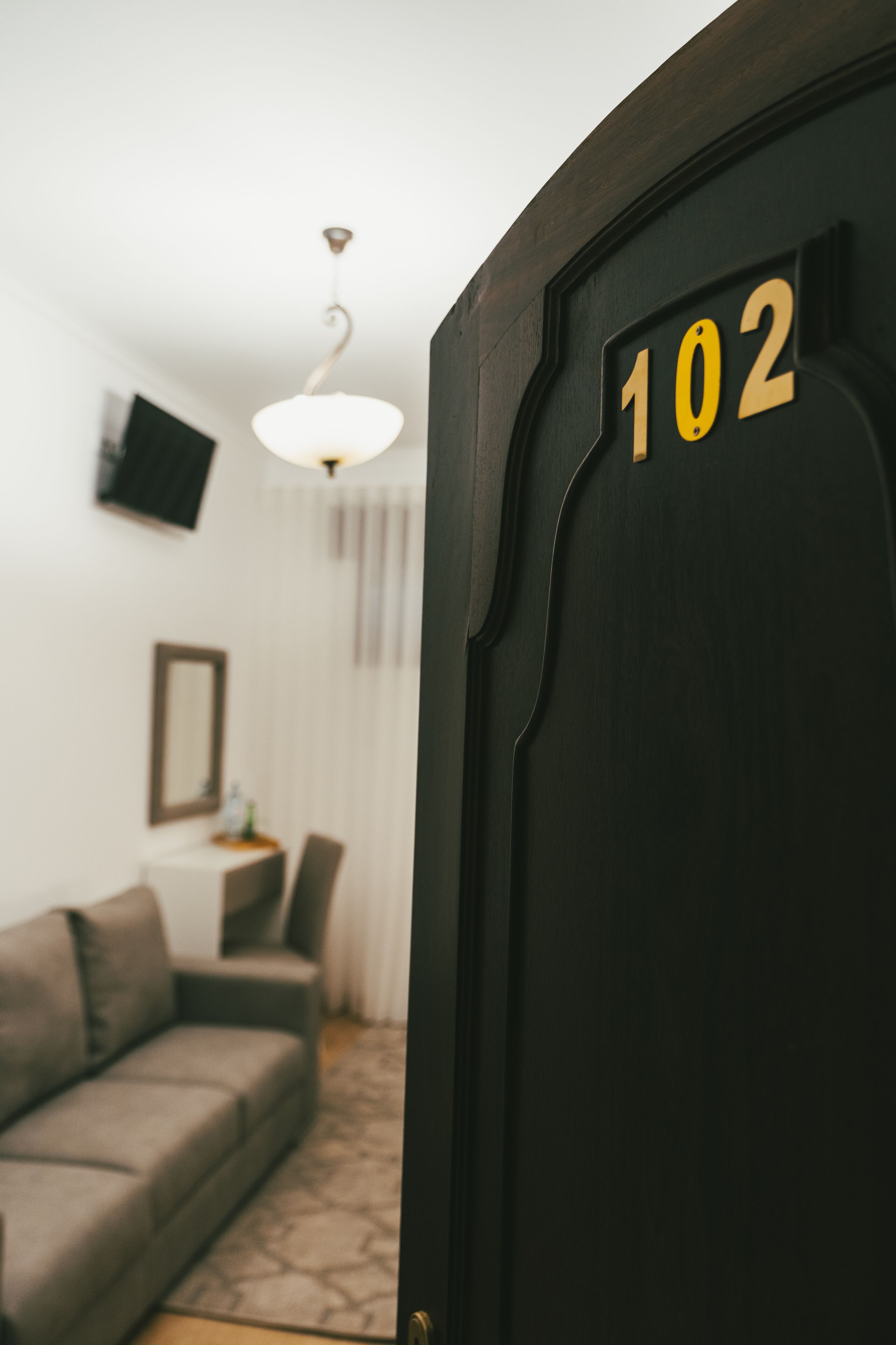 A room with a dark wooden door labeled "102," a gray sofa, a small table with a lamp, and a television mounted on the wall.