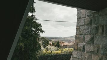 A view from a window overlooking a stone wall and a garden with trees and a fence.