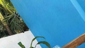 Two wine glasses on a wooden table with a plant in the background. - Elegant Blue 6 min From Airport ! (Mérida)