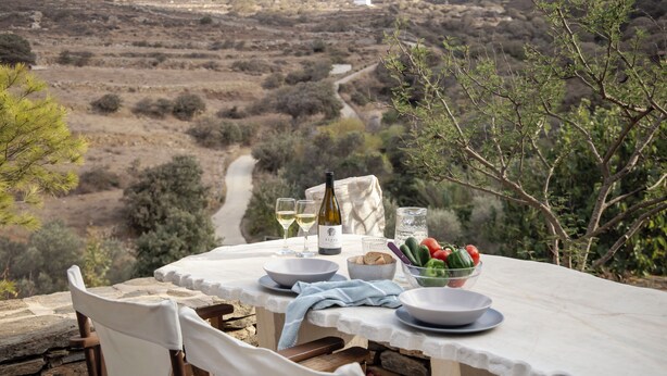 A table set outdoors with a bottle of wine, glasses, and a bowl of vegetables. - Under the Linden Tree Tinos (Tinos)