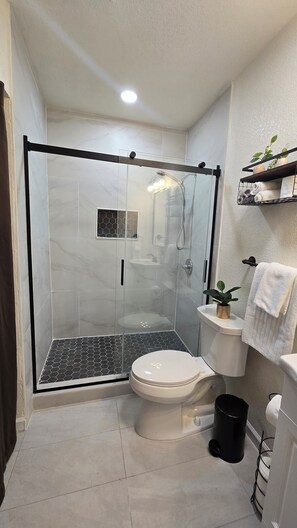 Sèche-cheveux, serviettes fournies, savon, shampoing