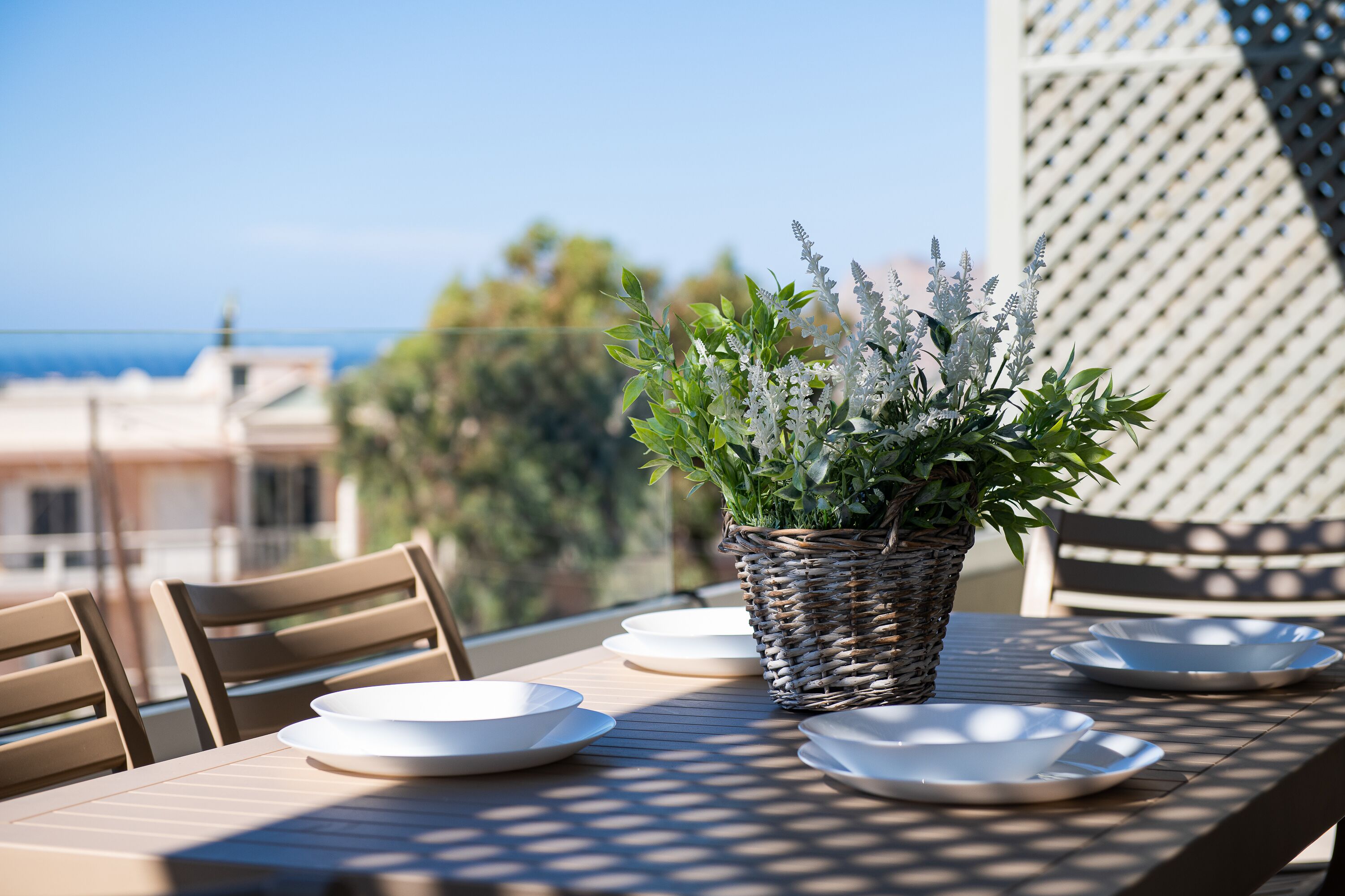 A table set with plates and a potted plant, overlooking a cityscape.