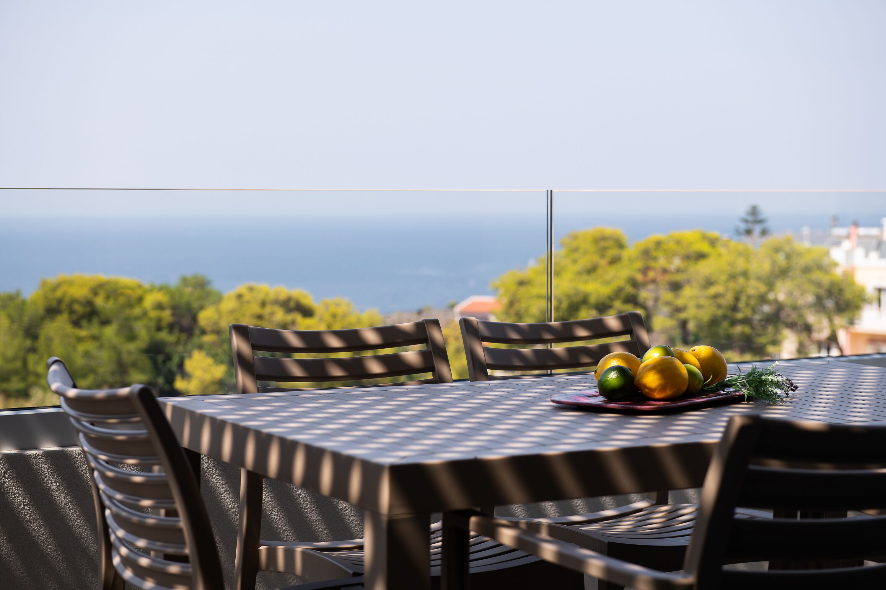 A table with chairs and a fruit bowl, overlooking a scenic view.