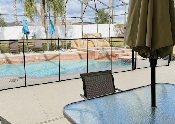 Outdoor pool, pool umbrellas, pool loungers