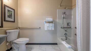 A bathroom with a toilet, a shower, and a bathtub.