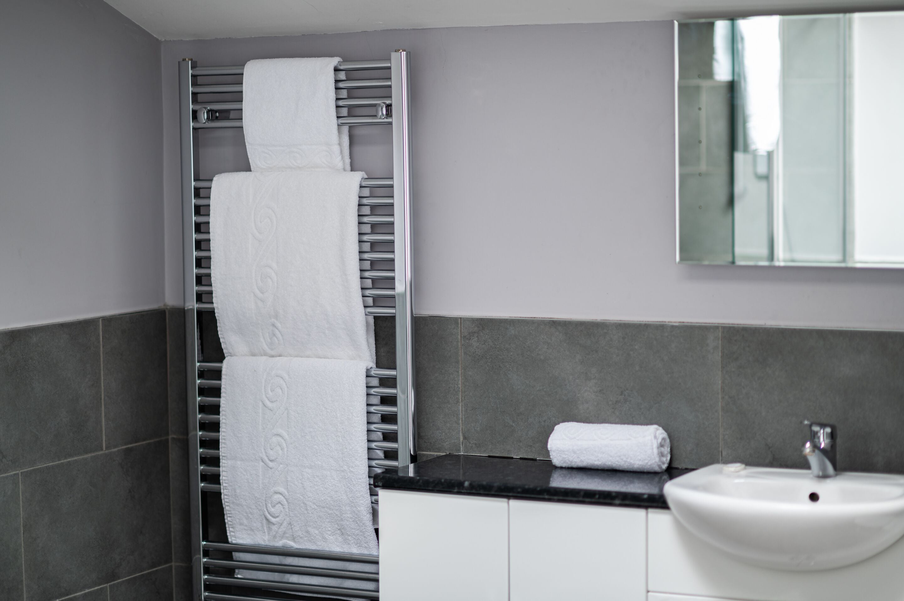 A modern bathroom with a towel rack, a sink, and a mirror.