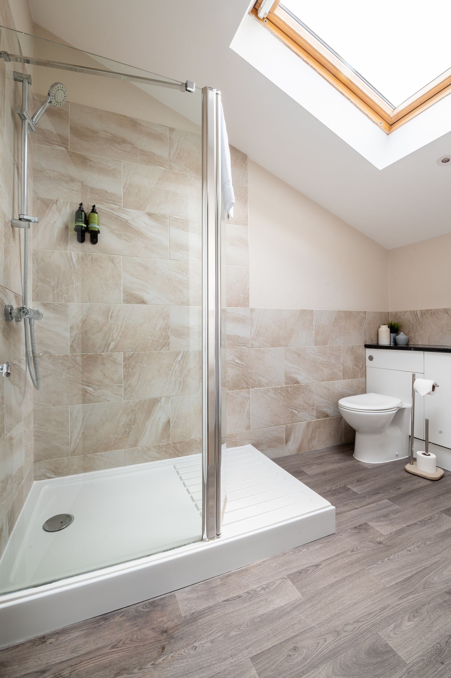 A modern bathroom with a glass-enclosed shower, a toilet, and a skylight above.