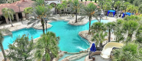 Outdoor pool, a heated pool, sun loungers