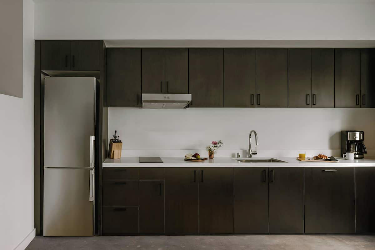 Full-size fridge, stovetop, dishwasher, coffee/tea maker