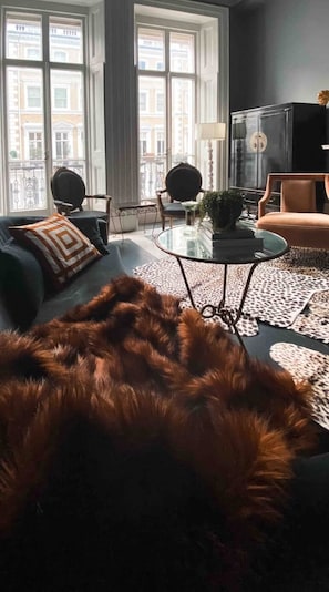 Fernseher, Kamin, Bücher, Musikbibliothek