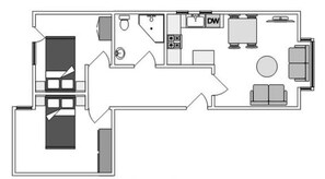 A floor plan with a kitchen, dining area, and a living room with a sofa and a TV. - Host Stay Park View Apartment (Whitby)