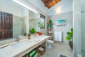 Chuveiro, secador de cabelo, toalhas de banho 