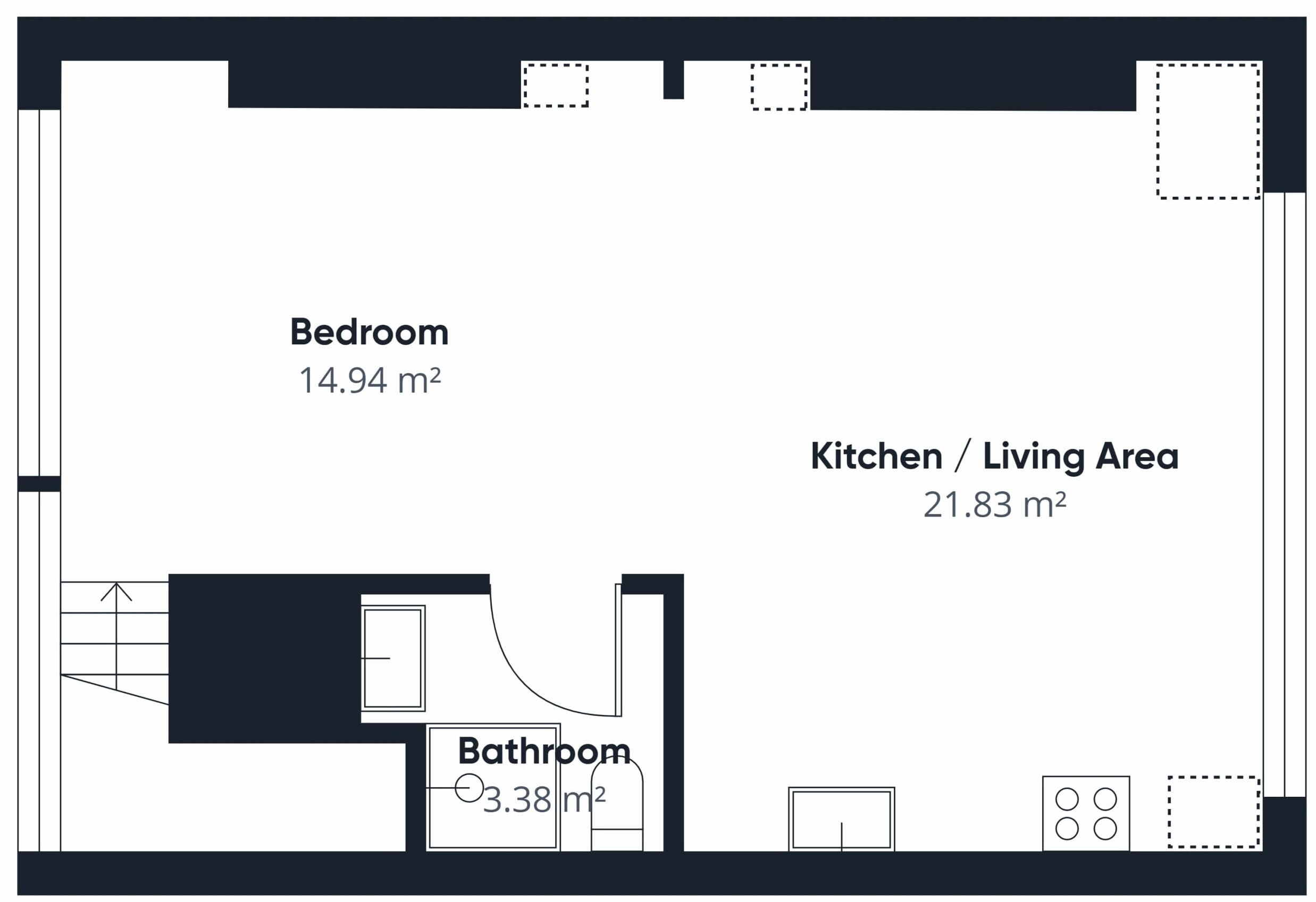 A floor plan with a bedroom (14.94 m²), a bathroom (3.38 m²), and a kitchen/living area (21.83 m²).
