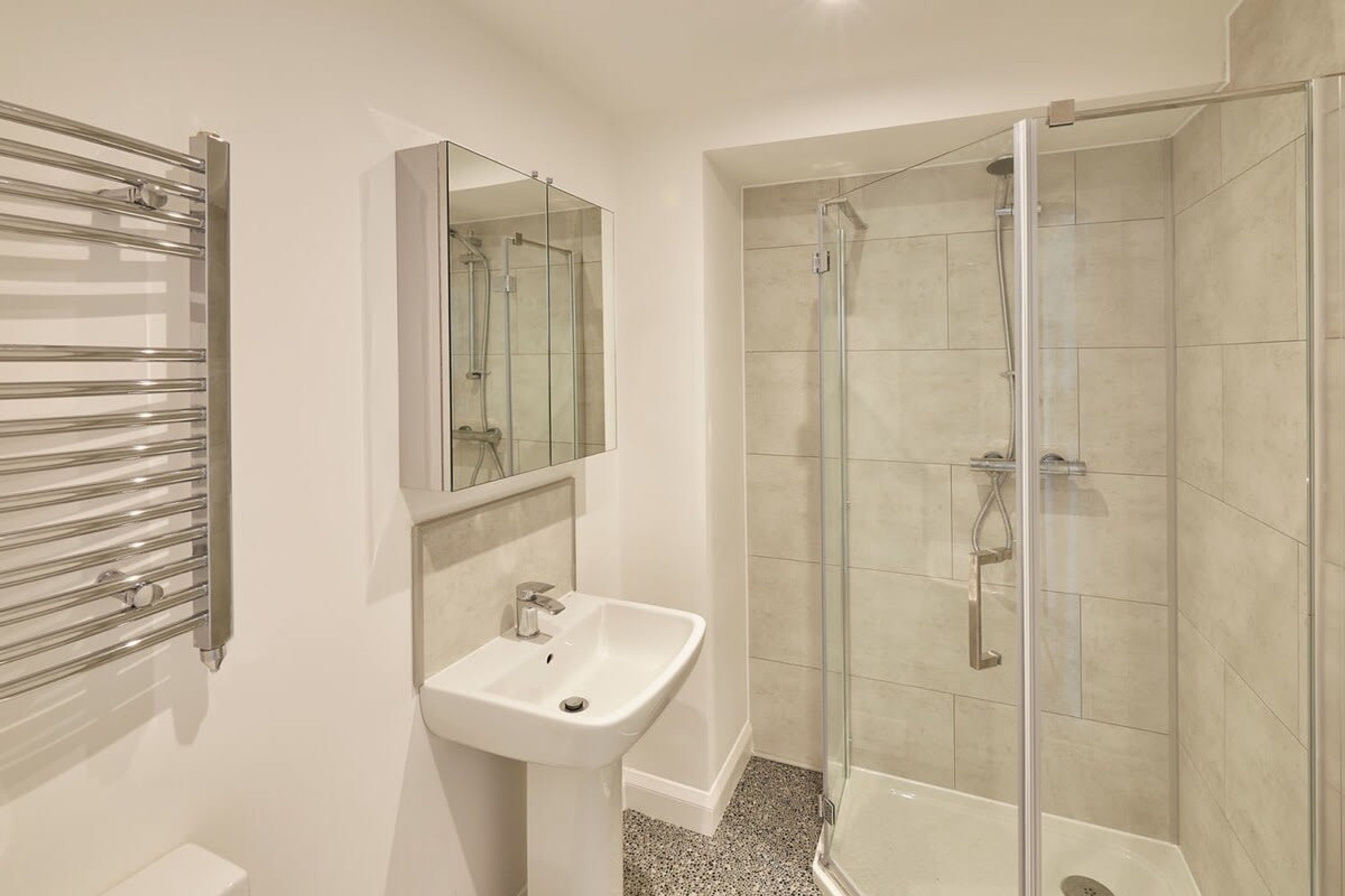 A modern bathroom with a glass-enclosed shower, a white sink, and a towel rack.