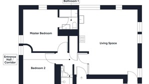 Ein Grundriss mit Schlafzimmer, zwei Bädern, einem Wohnbereich und einer Diele.