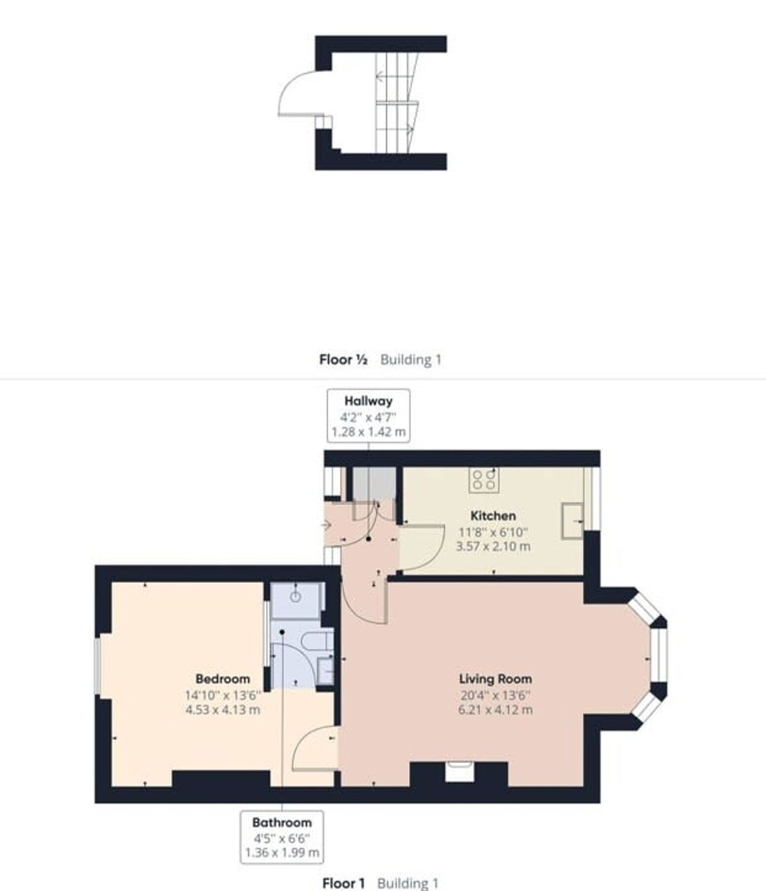 Plano de planta de un edificio que muestra un pasillo, cocina, dormitorio, sala de estar y baño.