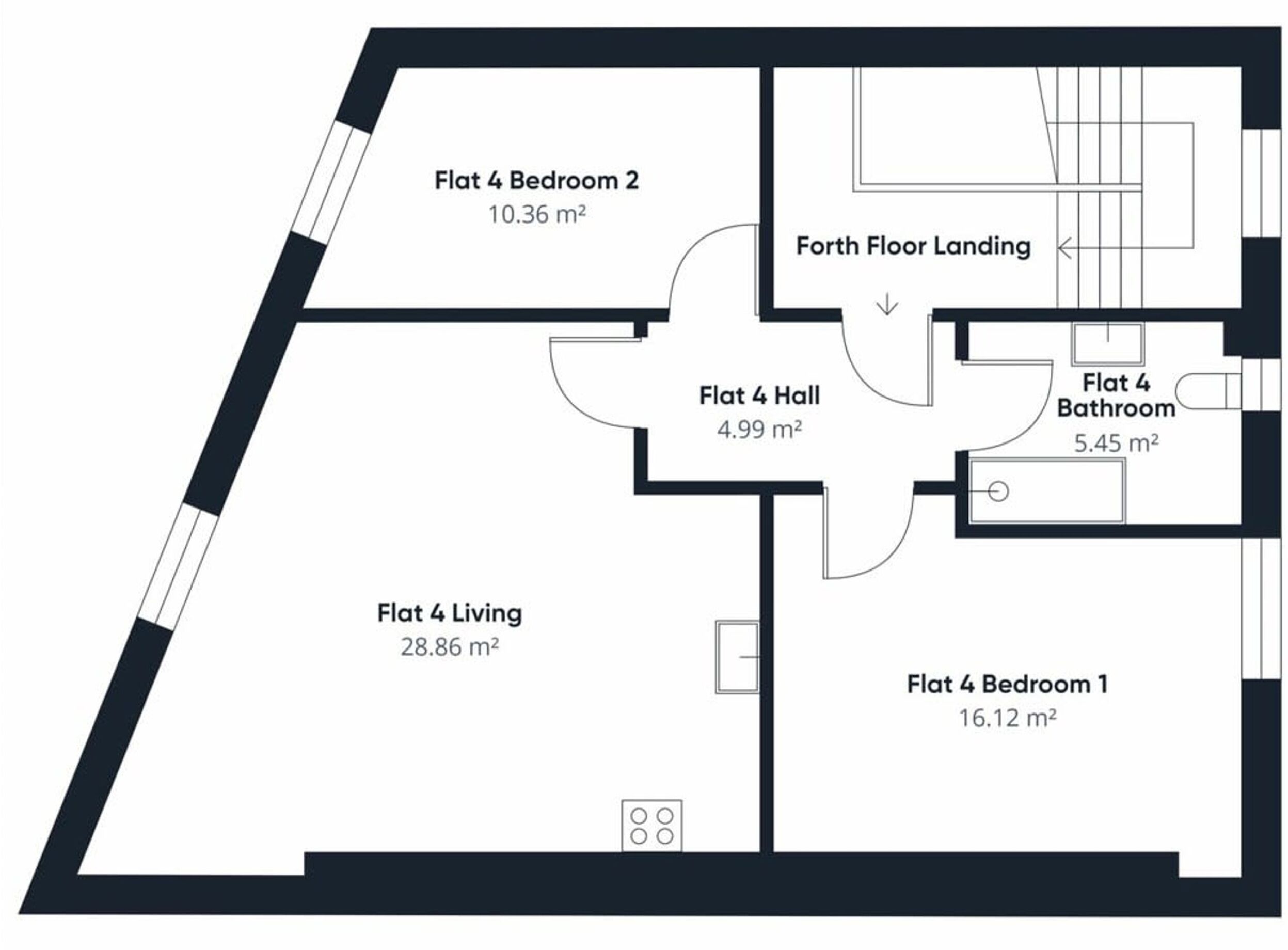 A floor plan of a flat with 4 bedrooms, 1 living room, 1 bathroom, and a hall.