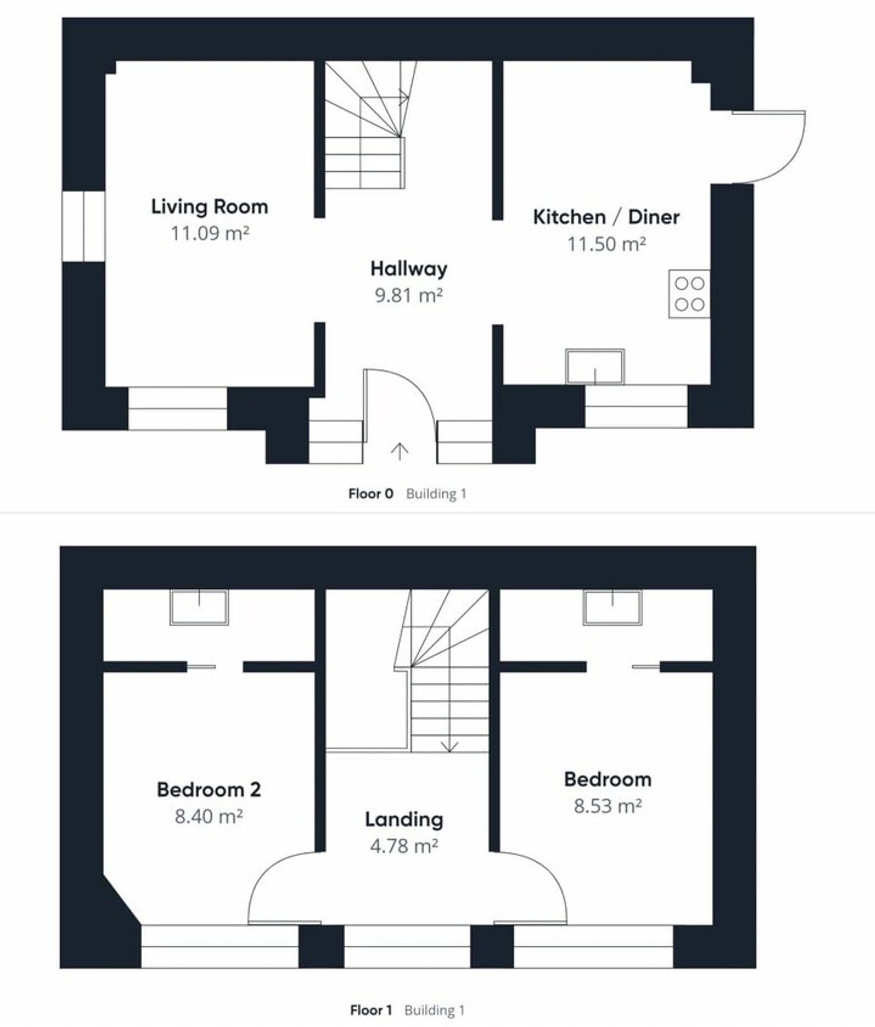 A floor plan of a building with a living room (11.09 m²), kitchen/diner (11.50 m²), hallway (9.81 m²), landing (4.78 m²), bedroom 2 (8.40 m²), and bedroom (8.53 m²).