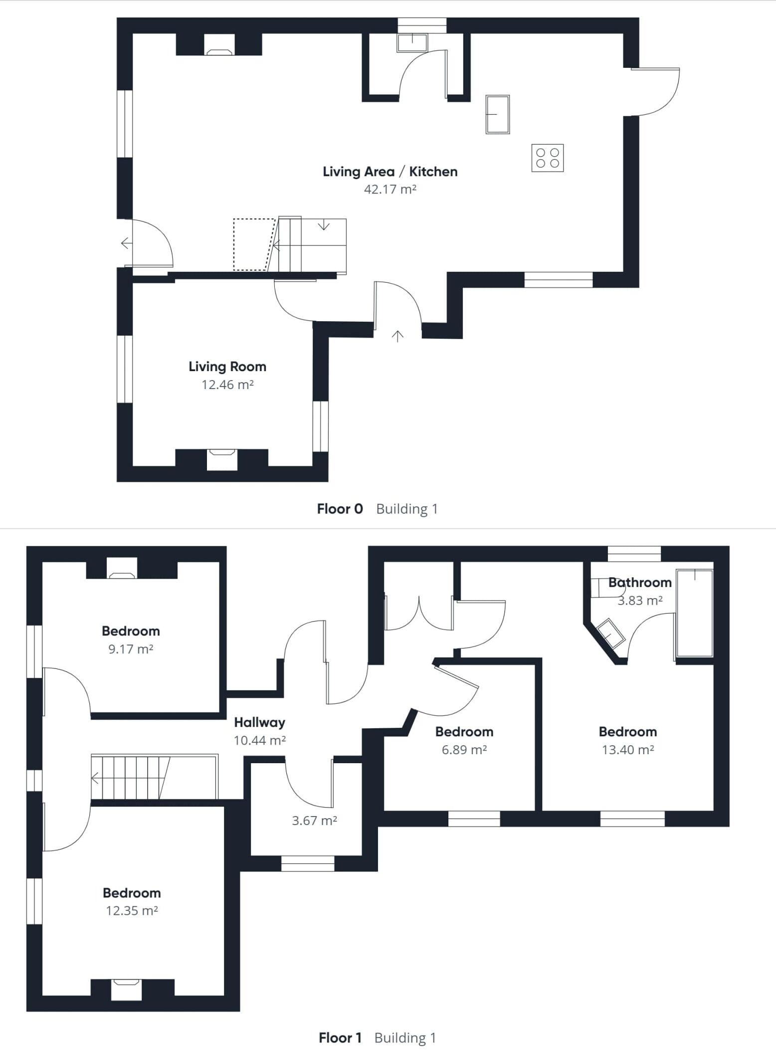 A floor plan of a building with two floors. Floor 0 includes a living area/kitchen (42.17 m²), a living room (12.46 m²), and a hallway (10.44 m²). Floor 1 has three bedrooms (9.17 m², 12.35 m², 13.40 m²), a bathroom (3.83 m²), and a hallway (3.67 m²).