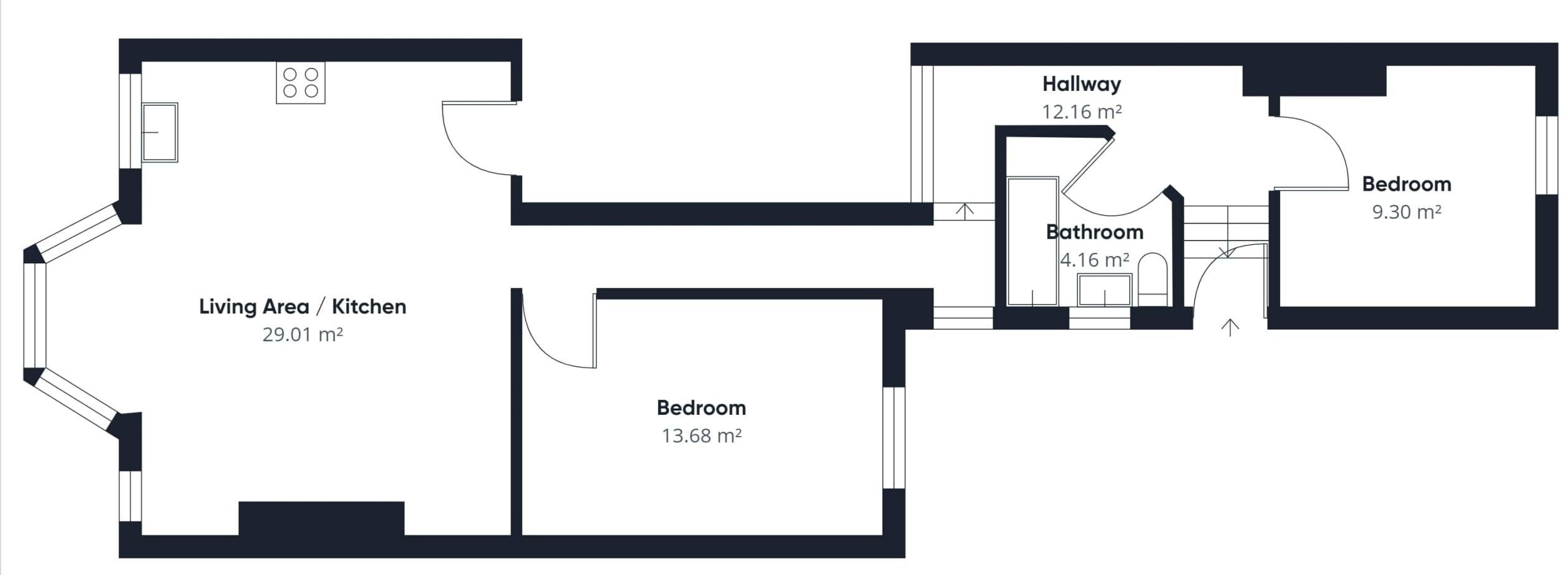 Plano de planta que muestra una sala de estar/cocina de 29,01 m², un dormitorio de 13,68 m², un baño de 4,16 m², un pasillo de 12,16 m² y otro dormitorio de 9,30 m².