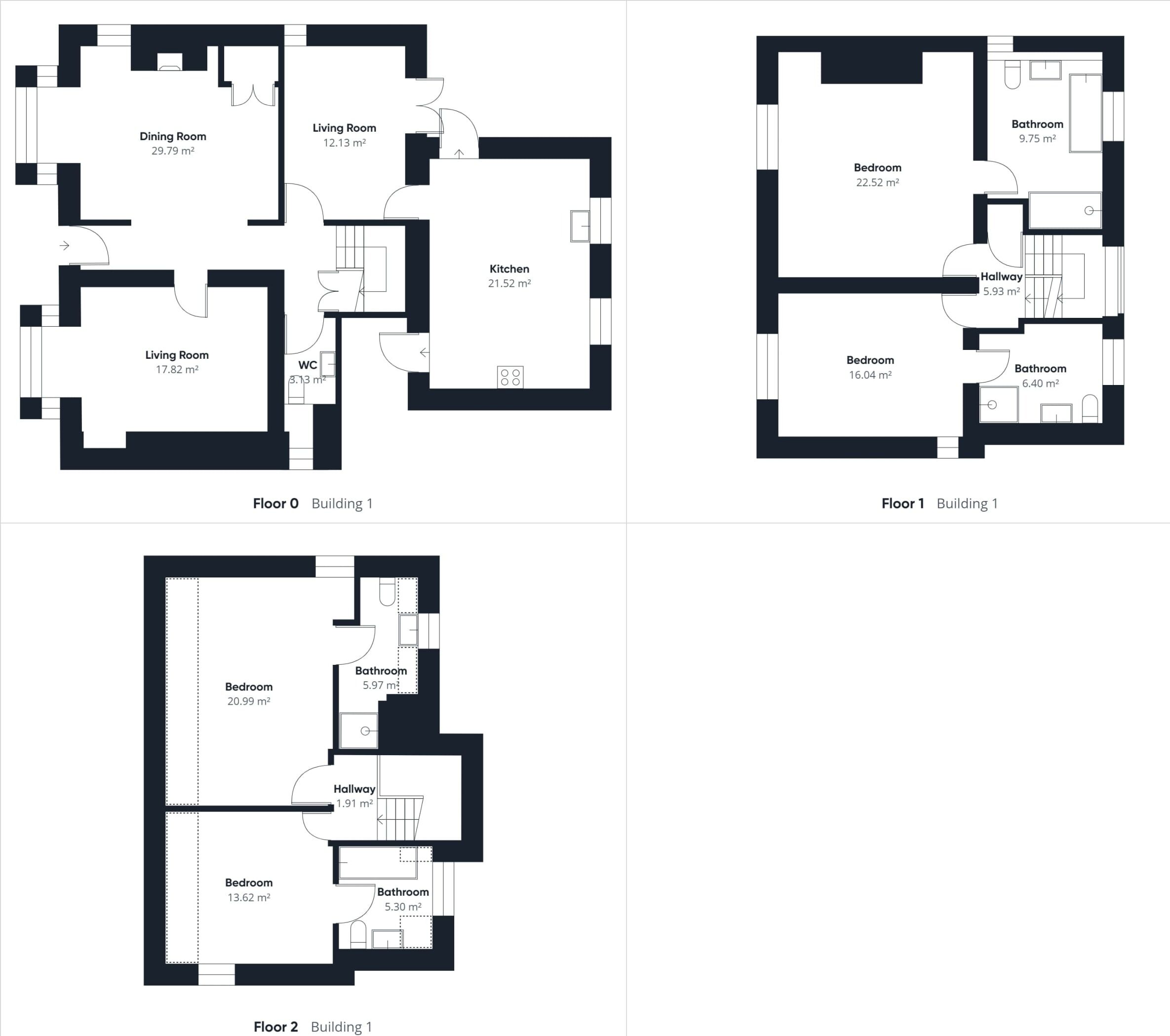 Floor plans of a building with two bedrooms, a dining room, a living room, a kitchen, and a bathroom.