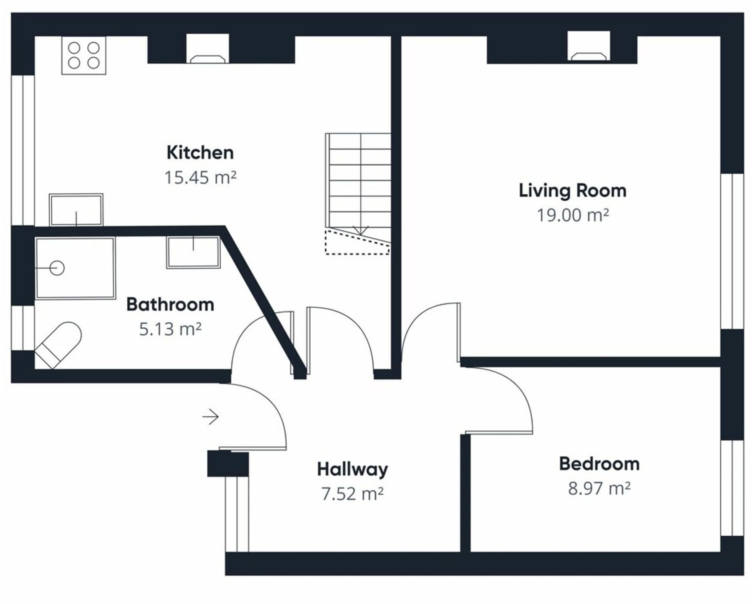 Planta baixa com cozinha (15,45 m²), banheiro (5,13 m²), sala de estar (19,00 m²), quarto (8,97 m²) e corredor (7,52 m²).