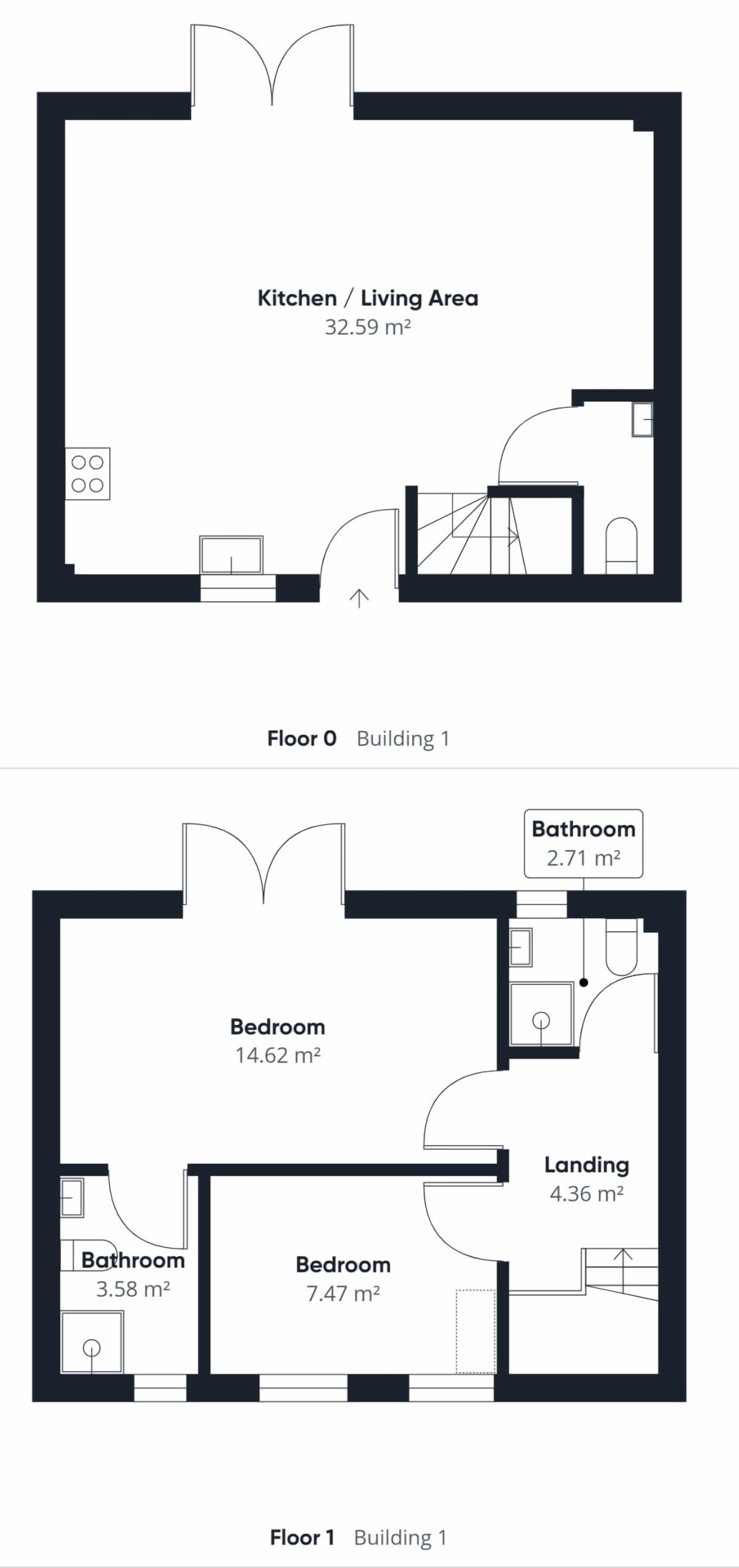 Dos planos de planta de un edificio que muestran una zona de cocina/salón de 32,59 m² en la planta baja y dormitorios de 14,62 m² y 7,47 m² en el primer piso, además de una superficie de distribución de 4,36 m².