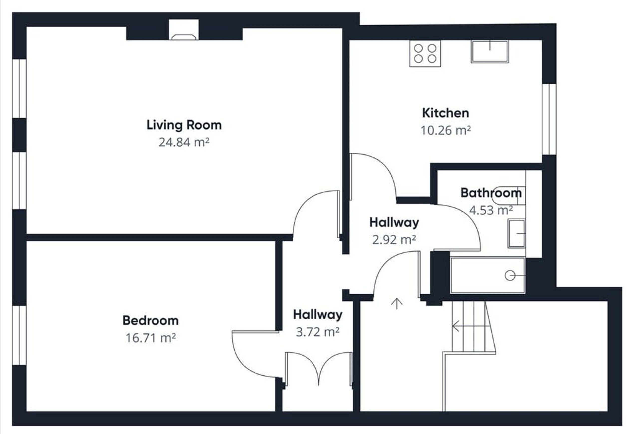Planta baixa com sala de estar (24,84 m ²), cozinha (10,26 m²), banheiro (4,53 m²) e duas circulações (2,92 m² e 3,72 m²).