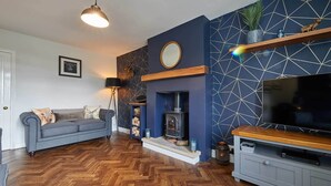A living room with a herringbone wood floor, a grey sofa, a TV stand, a fireplace, and a geometric-patterned wall. - Host Stay Cummins Goings Cottage (Barnard Castle)