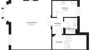 A floor plan with a living room (48.38 m²), kitchen (9.18 m²), hallway (4.21 m²), bathroom (4.42 m²), and landing. - Host Stay Sandpiper (Saltburn-by-the-Sea)