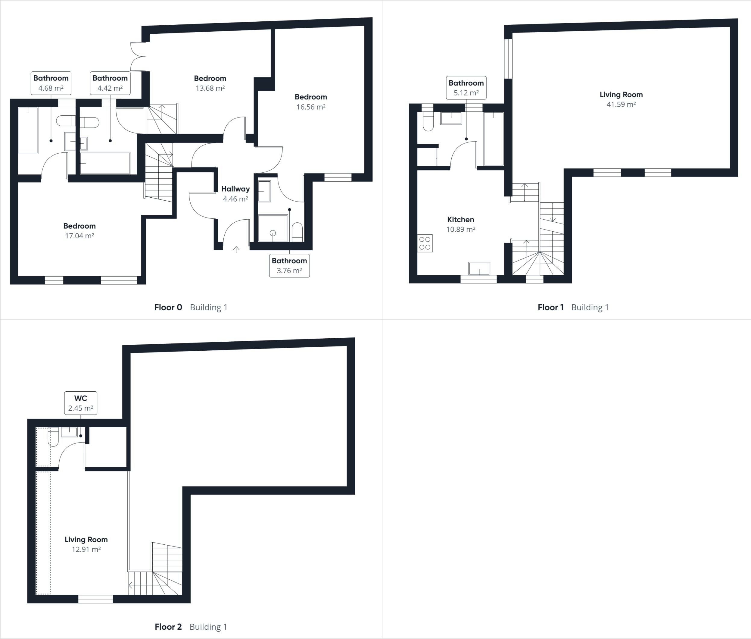 Floor plans of a building with two bedrooms, two bathrooms, a kitchen, a living room, and a WC.