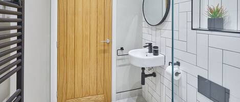 Un baño con puerta de madera, un lavabo blanco con espejo y una planta en maceta en la pared.