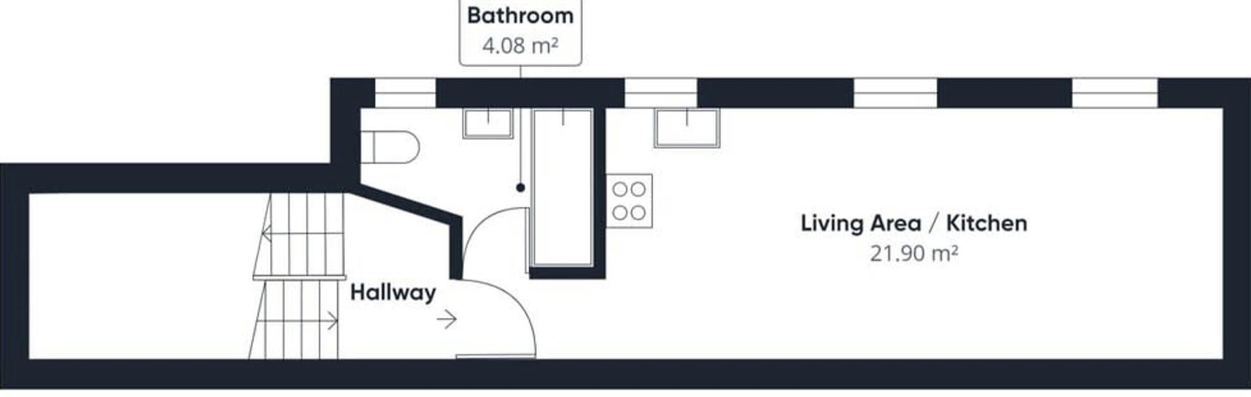 Ein Grundriss mit Badezimmer (4,08 m²), Wohn-/Kochbereich (21,90 m²) und Flur.