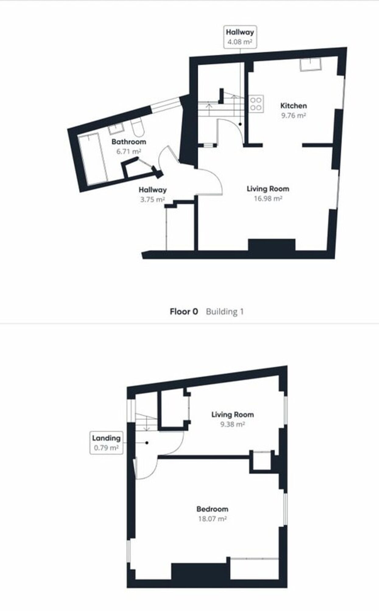 Deux plans d’étage d’un immeuble. Le plan supérieur comprend un salon, une cuisine, une salle de bain et deux couloirs, pour une superficie totale de 31,08 mètres carrés. Le plan inférieur comprend un salon, une chambre, un palier et un plus petit salon, pour une superficie totale de 28,35 mètres carrés.