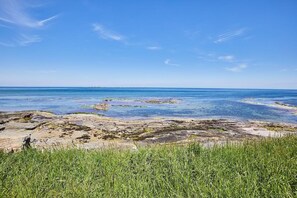 Un paysage côtier caractérisé par un ciel dégagé, une côte rocheuse et un premier plan verdoyant.