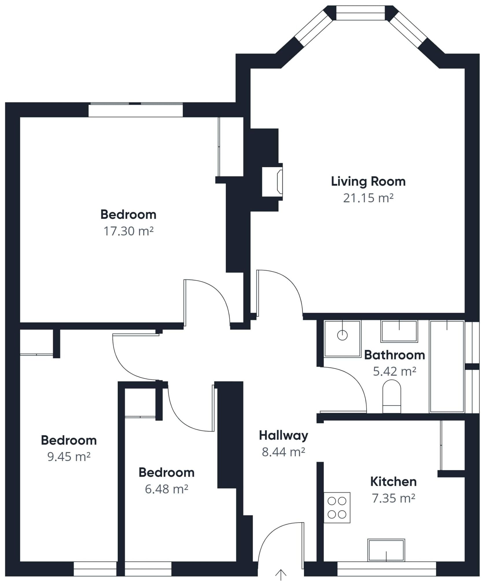 En planritning över ett hus med tre sovrum, ett vardagsrum, ett kök, ett badrum och en hall. Vardagsrummet är 21,15 m², det största sovrummet är 17,30 m² och det minsta sovrummet är 6,48 m². Köket är 7,35 m² och badrummet är 5,42 m².