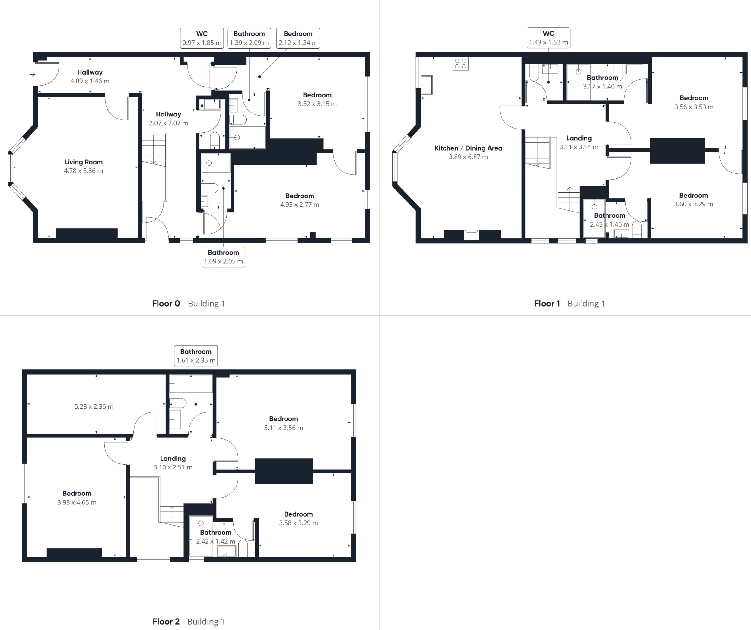 Floor plans of a building with multiple bedrooms, bathrooms, a living room, and a kitchen/dining area.