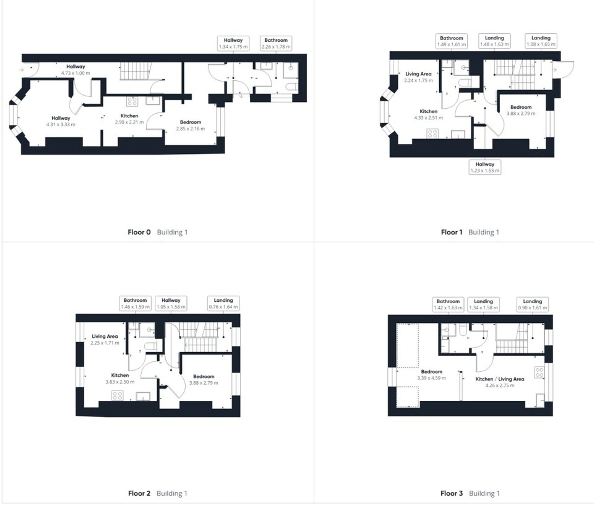 Floor plans of a building with various rooms including hallways, kitchens, bedrooms, and bathrooms.