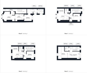 Floor plans of a building with various rooms including hallways, kitchens, bedrooms, and bathrooms. - Host Stay Apartment 2 Queens Court (Scarborough)