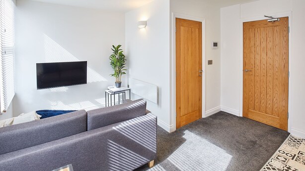 A modern living room with a grey sofa, a flat-screen TV mounted on the wall, and a potted plant on a small table.