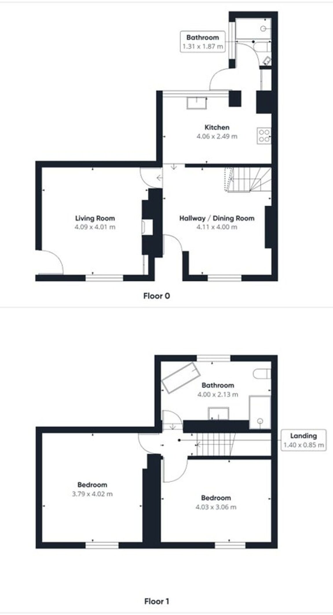 A two-floor apartment layout with a living room, kitchen, two bathrooms, a hallway/dining room, and two bedrooms.