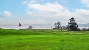 Un terrain de golf avec un drapeau rouge sur un mât blanc, un grand arbre et une vue lointaine sur une étendue d’eau sous un ciel partiellement nuageux.