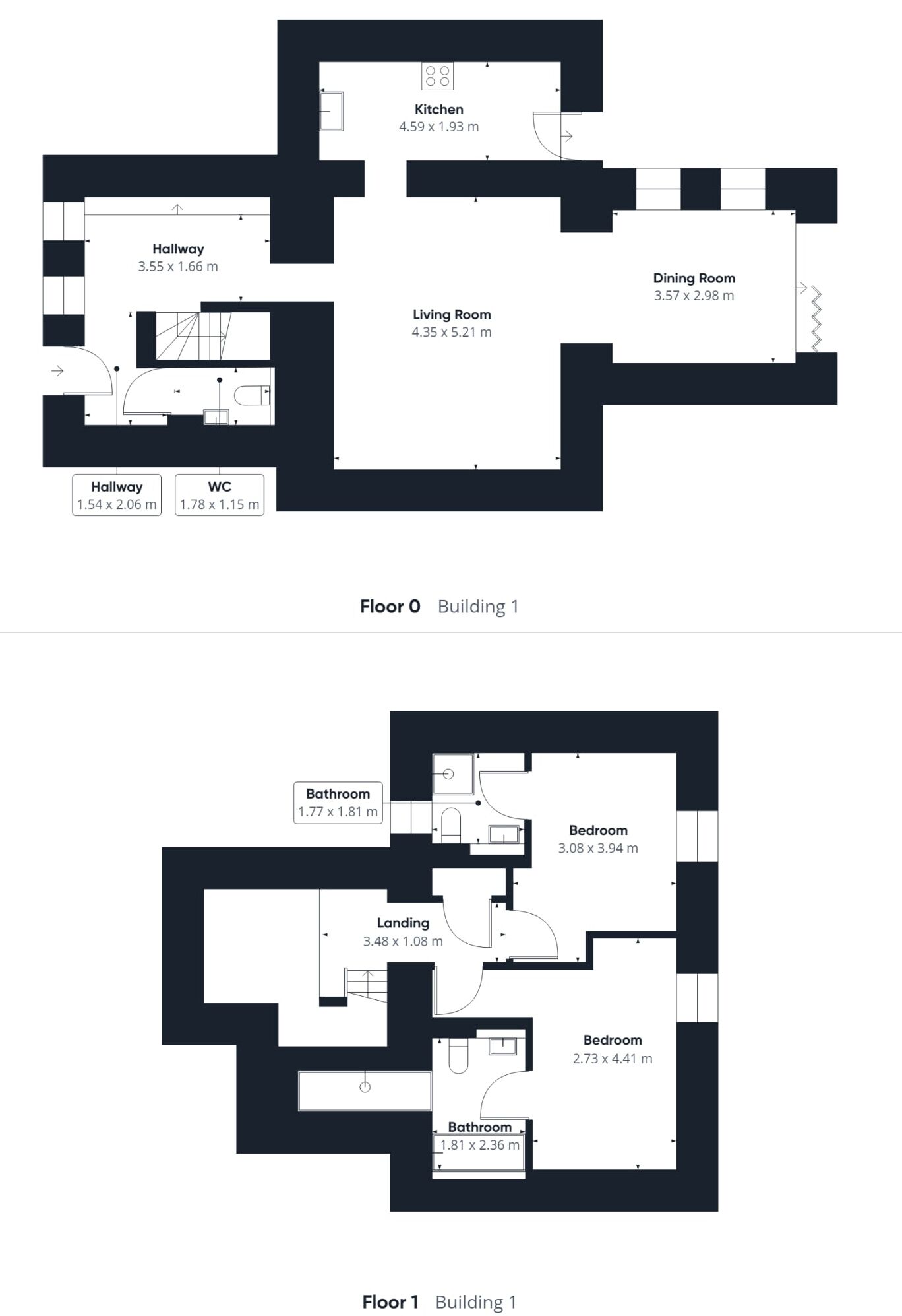 Floor plans for two levels of a building, including hallways, living rooms, kitchens, dining rooms, bathrooms, and bedrooms.