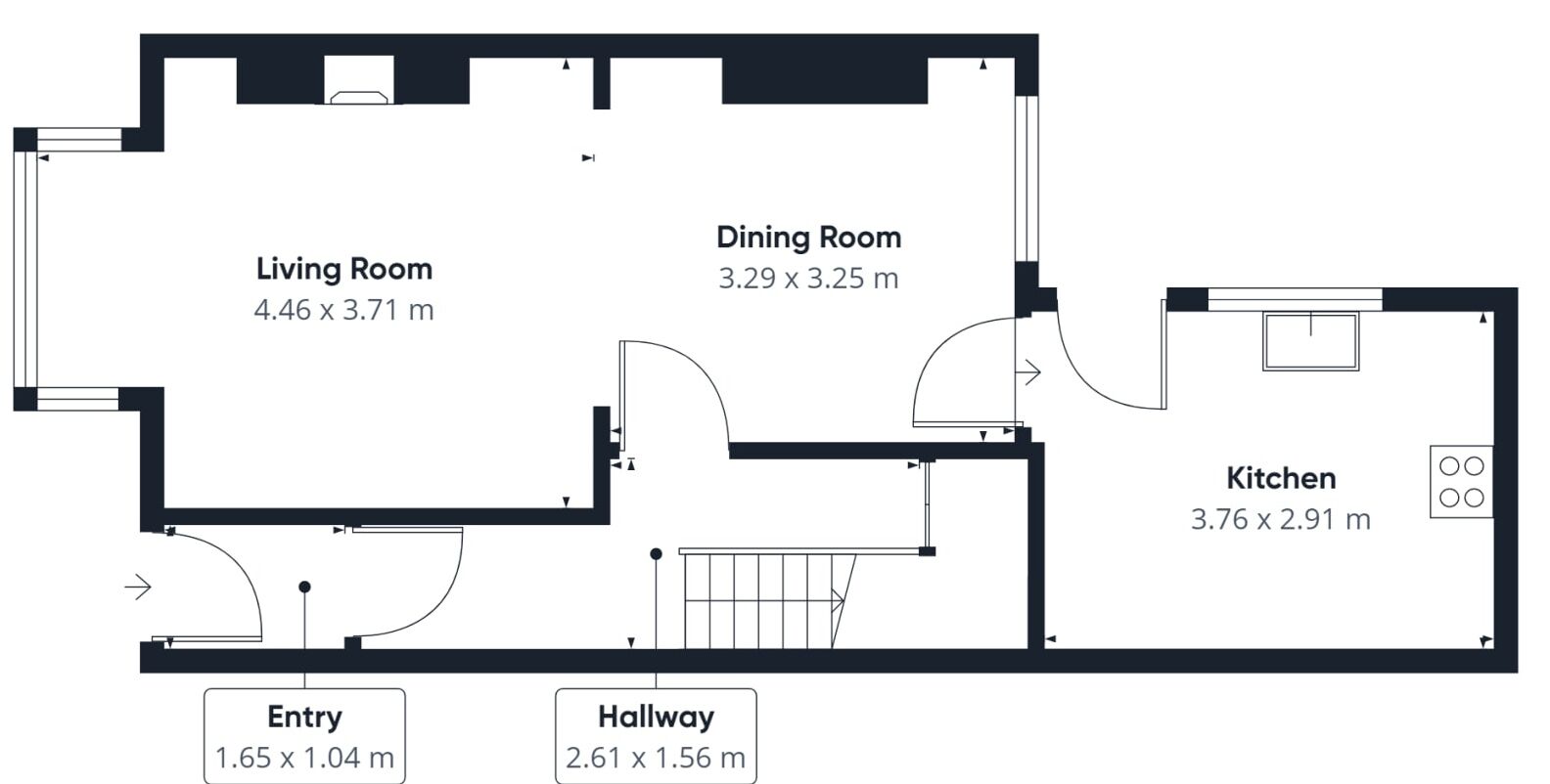 A floor plan with a living room (4.46 x 3.71 m), dining room (3.29 x 3.25 m), kitchen (3.76 x 2.91 m), entry (1.65 x 1.04 m), and hallway (2.61 x 1.56 m).