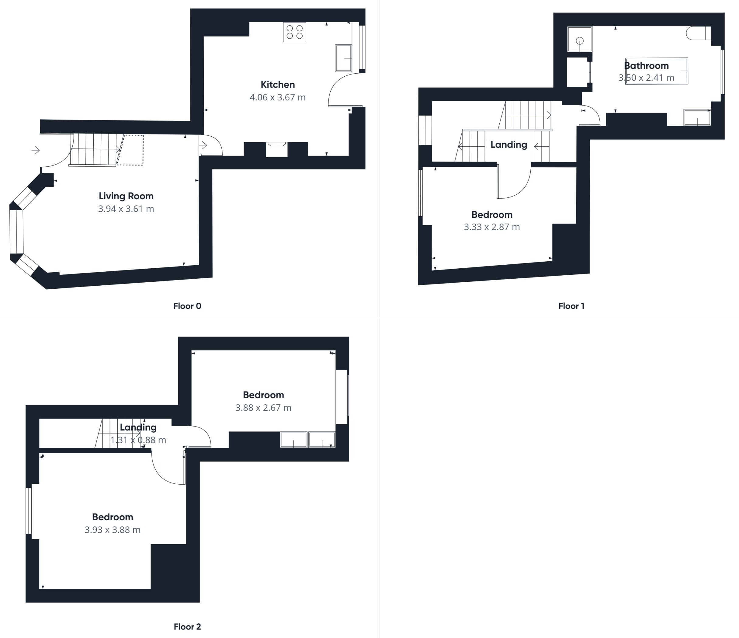 Floor plans of a hotel with three bedrooms, a kitchen, and a living room.