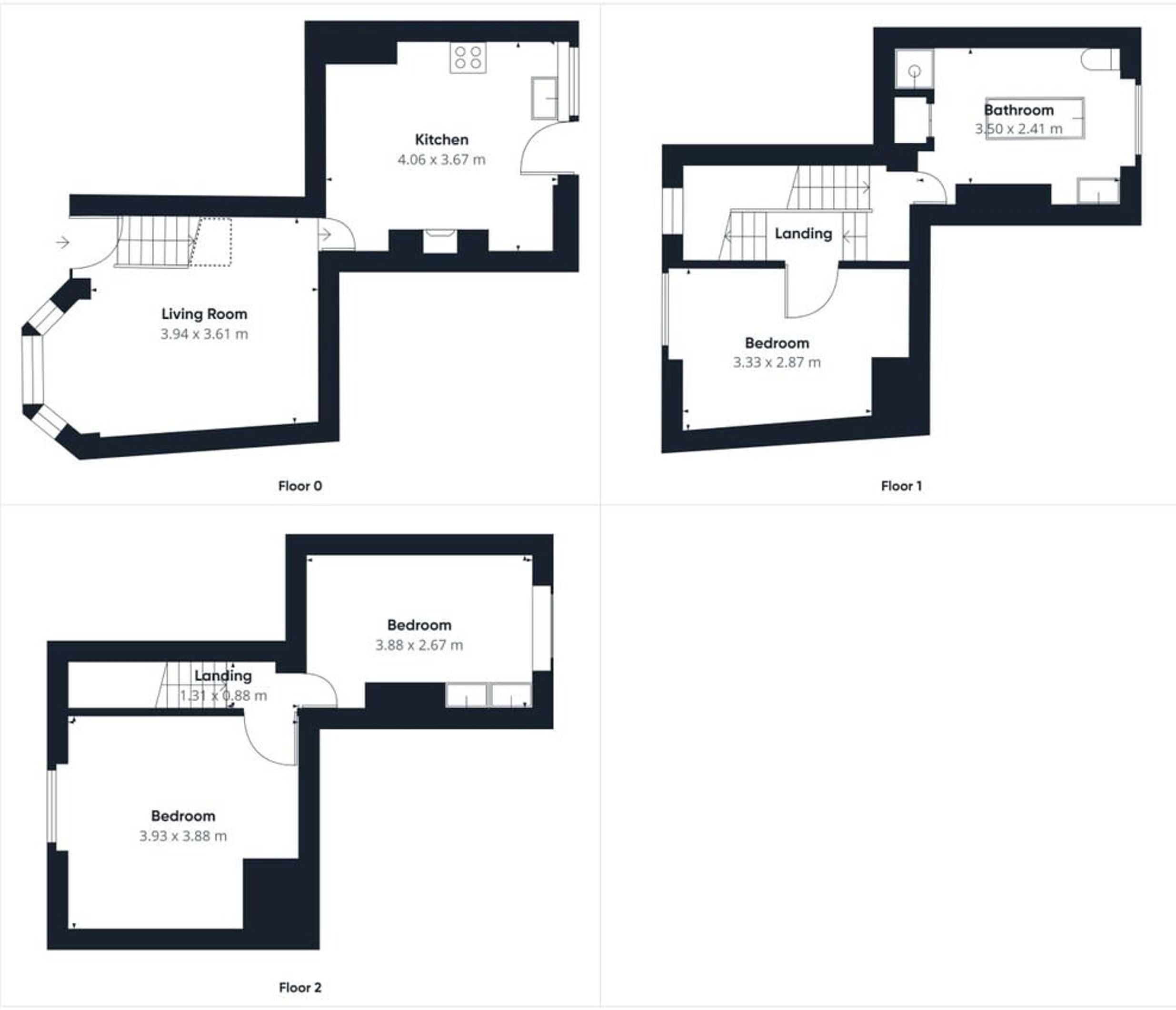 A floor plan of a 3-bedroom, 2-bathroom apartment with a landing area, kitchen, and living room.