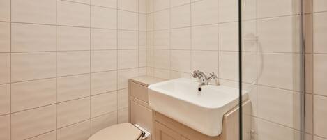 A bathroom with a toilet, a sink, and a shower area.